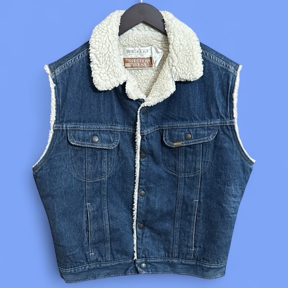 Vintage Sears Roebuck Western Wear Denim Sherpa Lined Snap Front Vest Men's 44R - Picture 1 of 13
